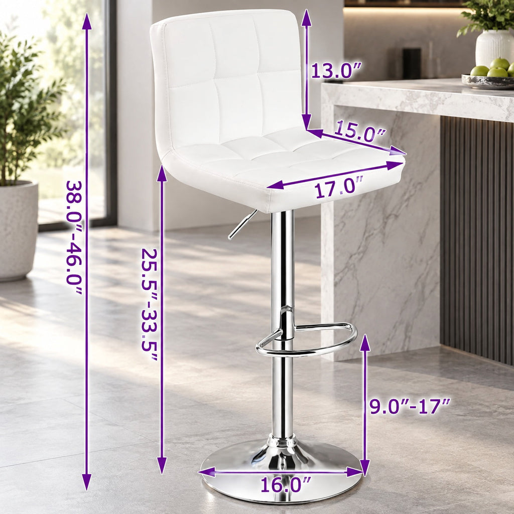 Airfind Set of 2 Square Swivel Adjustable PU Leather Bar Stools with Back and Footrest, 250 lbs Capacity, PU leather steel sponge Frame, White