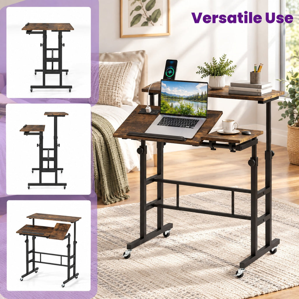 Airfind Height Adjustable Mobile Standing Desk with Power Outlets and Portable Rolling Laptop Cart on Wheels, Brown