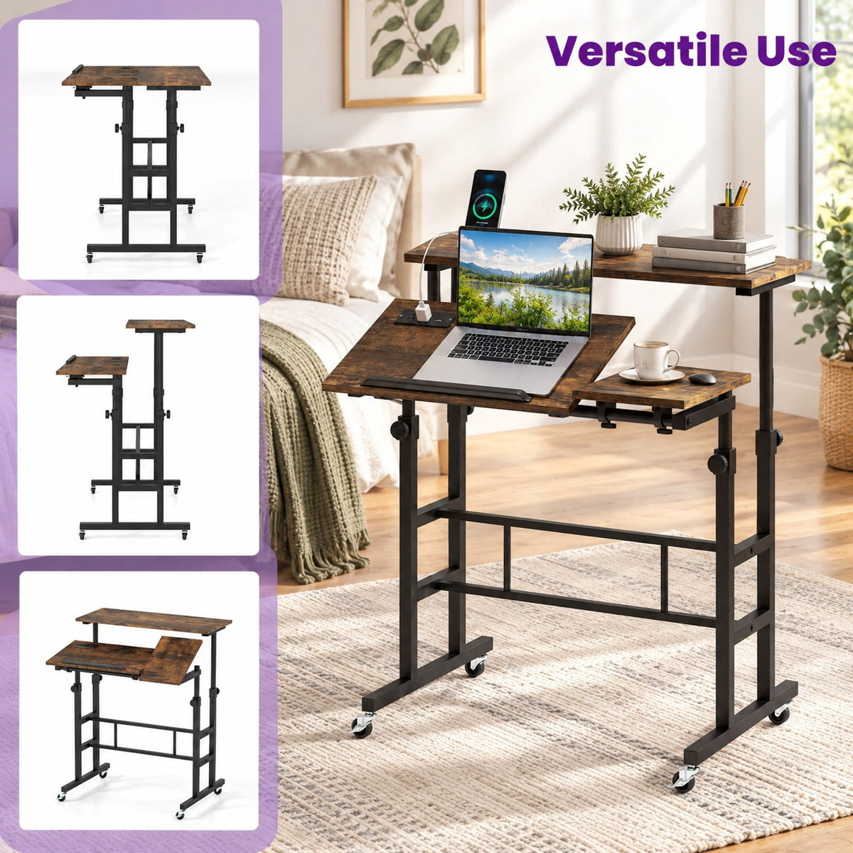 Airfind Height Adjustable Mobile Standing Desk with Power Outlets and Portable Rolling Laptop Cart on Wheels, Brown