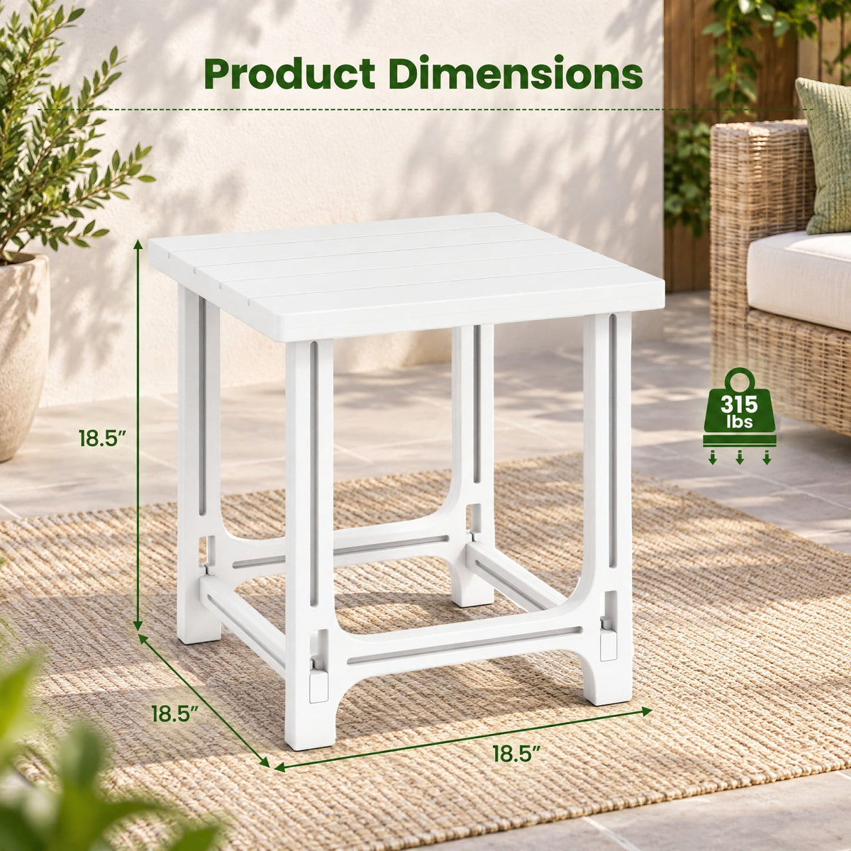 Airfind 18 Inch Outdoor Adirondack Side Table with Slatted Surface, 315 lbs Capacity, HDPE Frame, 18.5 x 18.5 x 18.5 Footprint, White