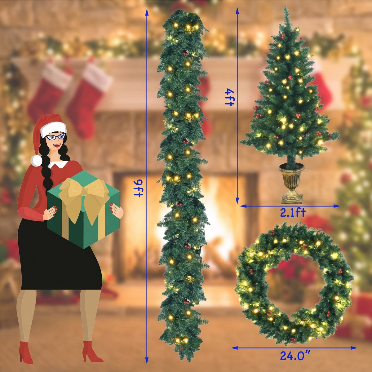 Airfind 4 Pieces Christmas Decoration Set with Garland Wreath and Entrance Trees, Green, diameter 24in, Number of LED lights 200 Battery