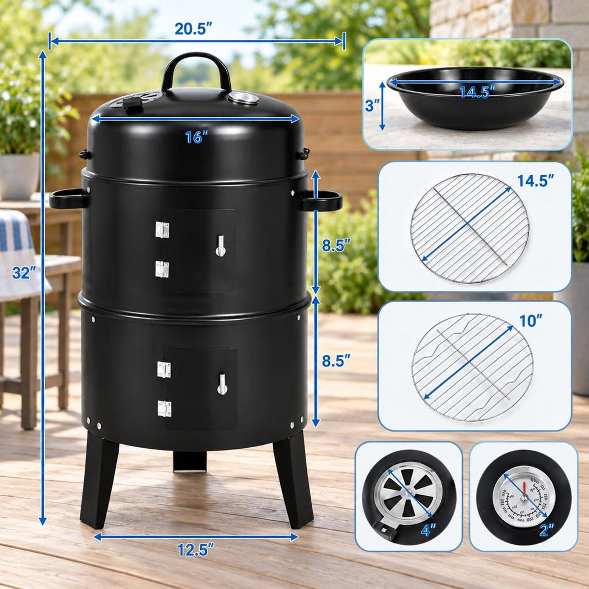 Airfind 3-in-1 Charcoal BBQ Grill Cambo with Built-in Thermometer, Steel porcelain enamel Frame, Charcoal