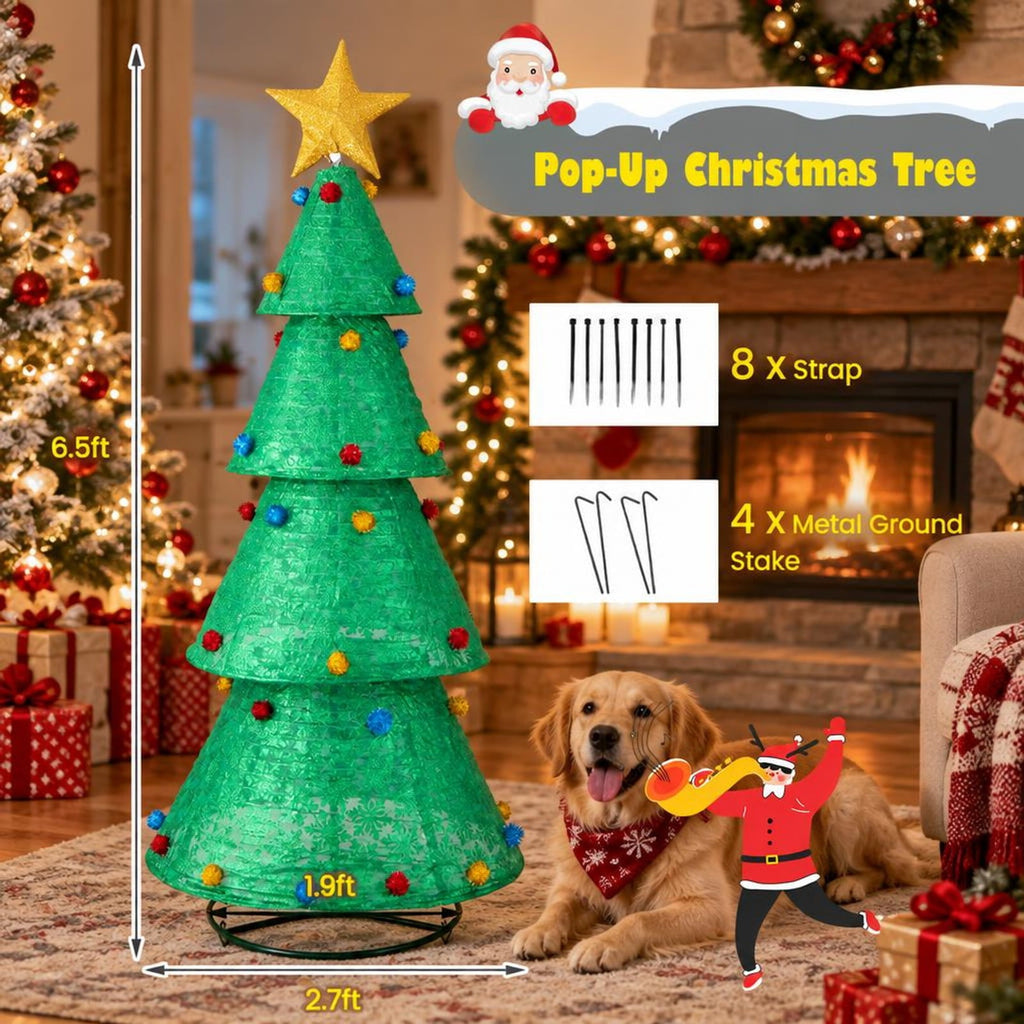 Airfind Pop-Up Christmas Tree with 200 Warm White LED Lights for Indoors Outdoors, Nylon Metal Tree Height: 6.5 ft Tree Width: 2.7 ft Frame, White