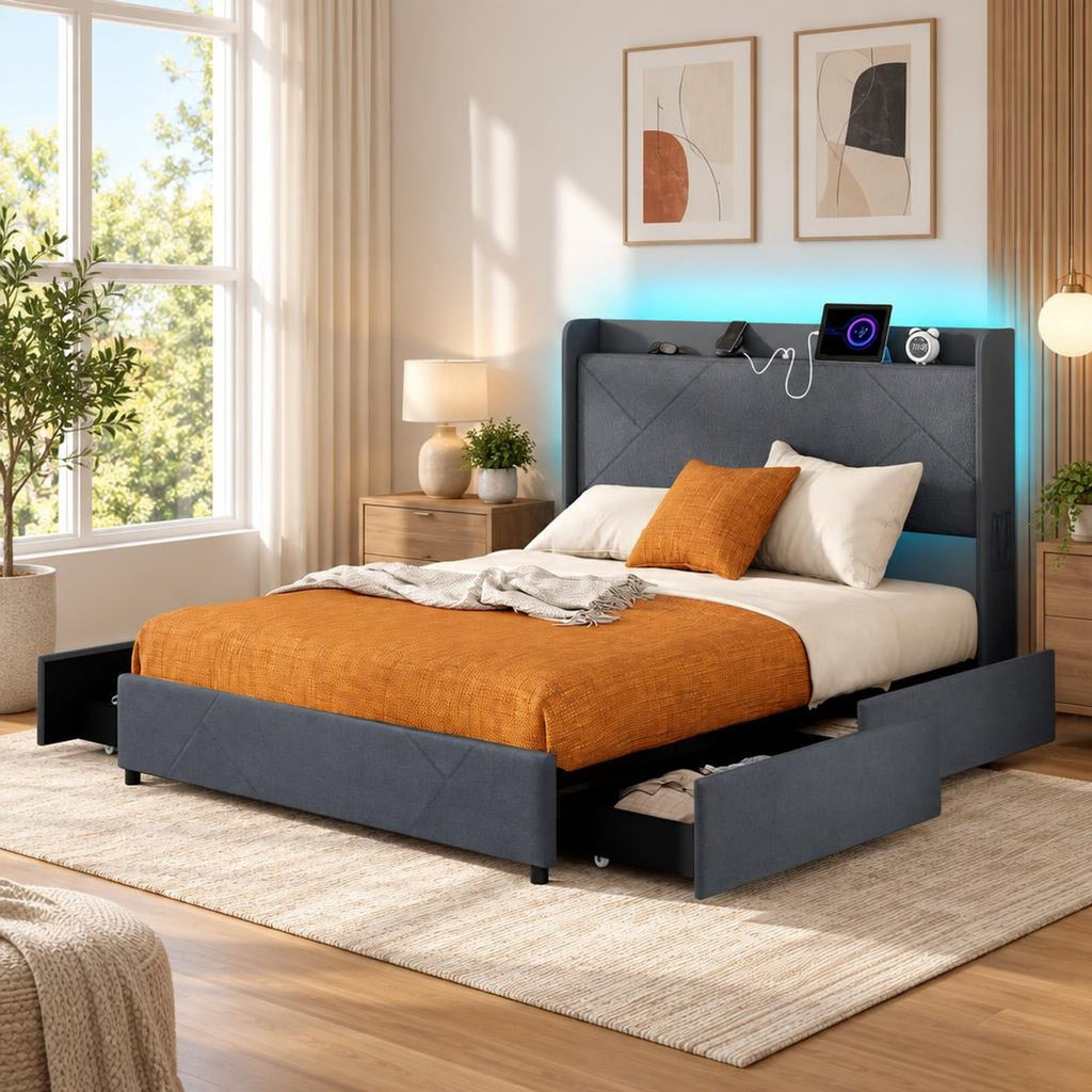 Airfind Full/Queen Size Bed Frame with LED Lights and Charging Station, 1100 lbs Capacity, 82.5 x 57 x 48 Bed Platform 75 x 54.5 Footprint