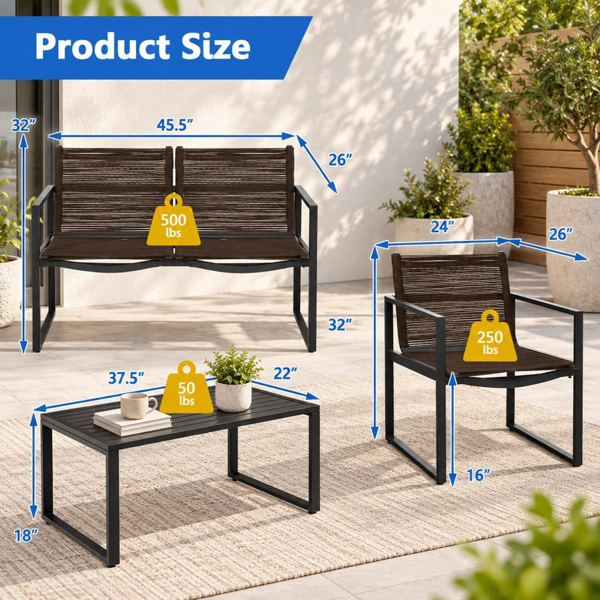 Airfind 4 Pieces Patio Furniture Conversation Set with Sofa Loveseat, 500 lbs Capacity, Steel polyester Frame, 24 Inch x 26 Inch x 32 Inch Footprint