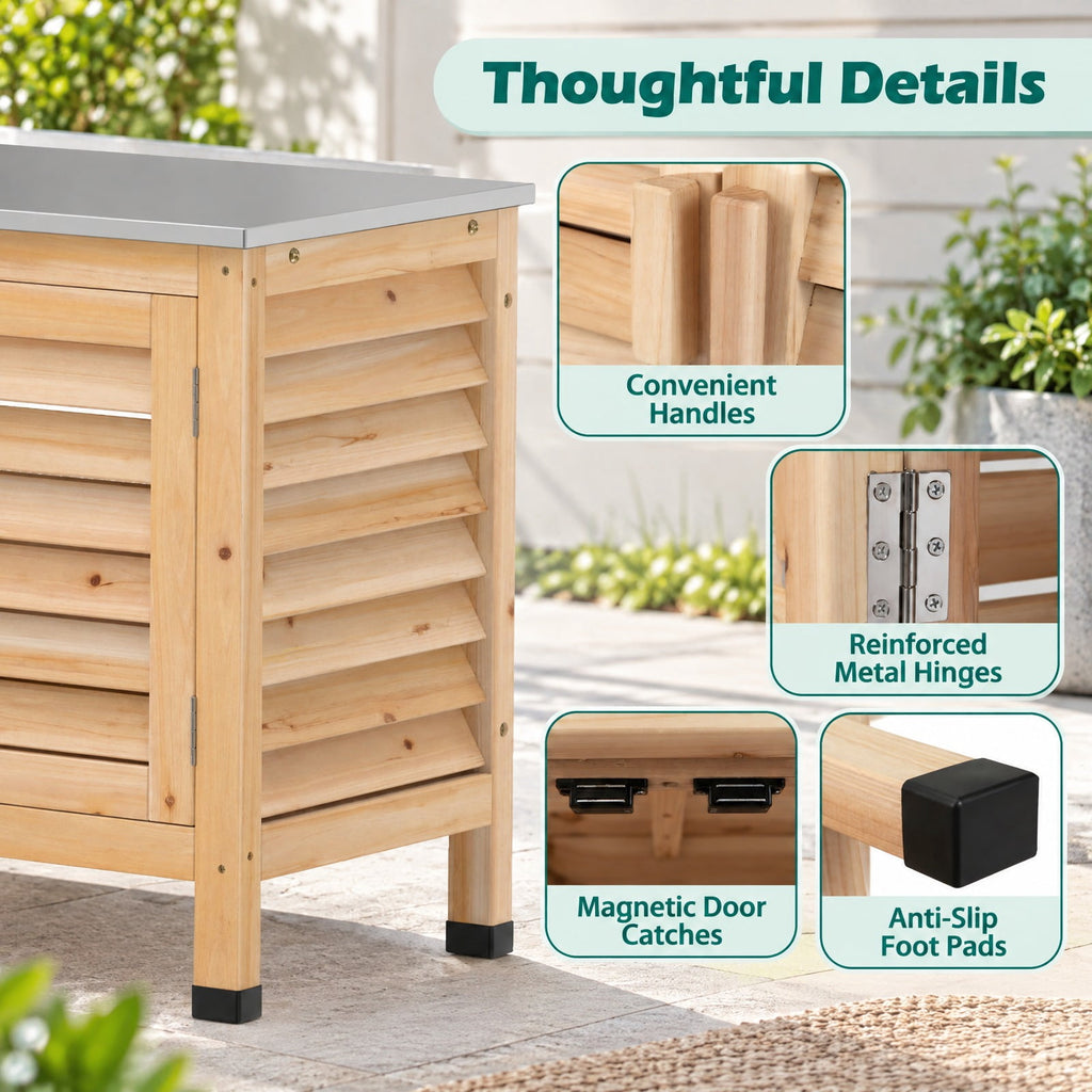 Airfind Patio Storage Cabinet with Stainless Steel Countertop and L-Shaped Shelf for Garden, 66 lbs Capacity, Fir Wood Stainless Steel Rubber Frame