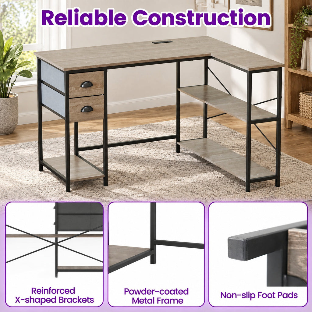 Airfind L Shaped Desk with Charging Station Corner Computer Desk with 2 Fabric Drawers, 110 lbs Capacity, Engineered Wood Metal Fabric Frame