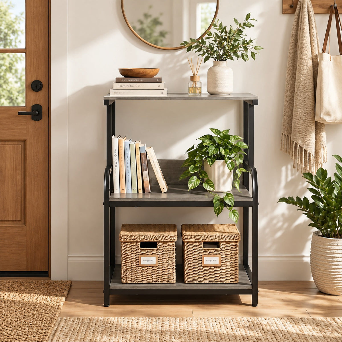 Airfind 3-Tier Rolling Printer Stand with Adjustable Shelf and Lockable Wheels, 44 lbs Capacity, Metal Engineered Wood Frame, Oak