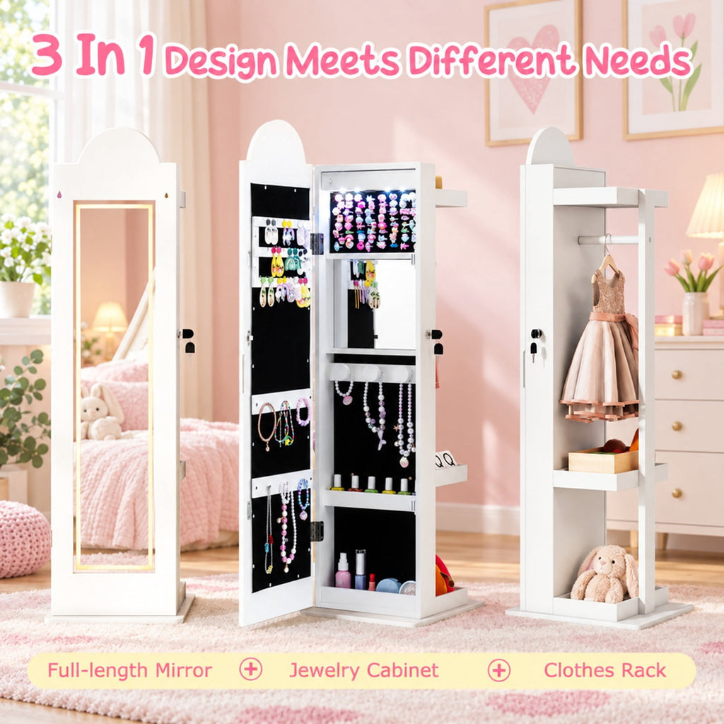 Airfind 3 In 1 Kids Jewelry Cabinet Freestanding Jewelry Armoire with 3-Color Lighted Mirror, MDF Glass Acrylic Frame, White