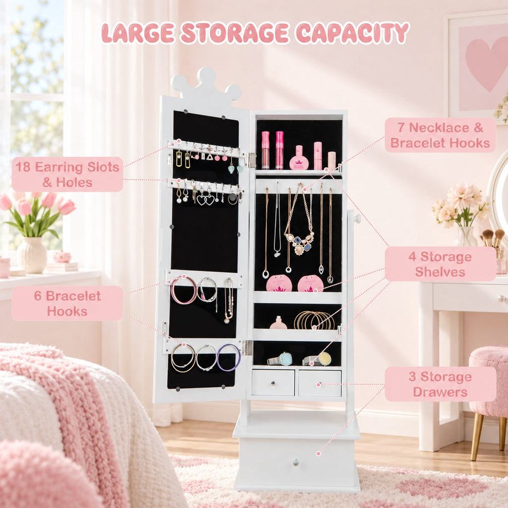 Airfind 2-in-1 Kids Play Jewelry Armoire with Full Length Mirror and Drawers, MDF Glass Frame, for 3+ Years Old, 13.5 x 12 x 40.5/44.5 Footprint