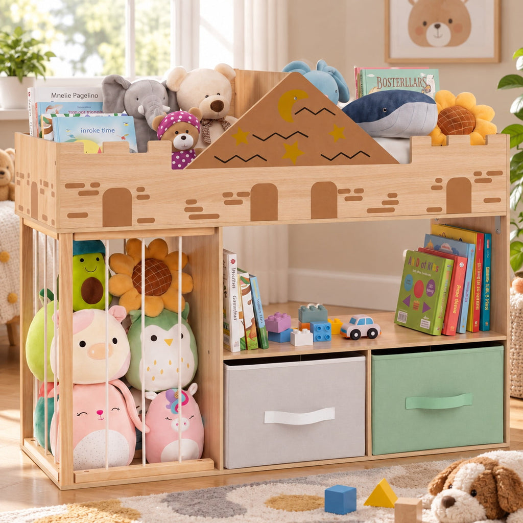 Airfind Toy Storage Organizer with Stuffed Animal Storage and Open Shelves, 35 lbs Capacity, Engineered Wood Pine Wood Cotton PP Frame, Natural