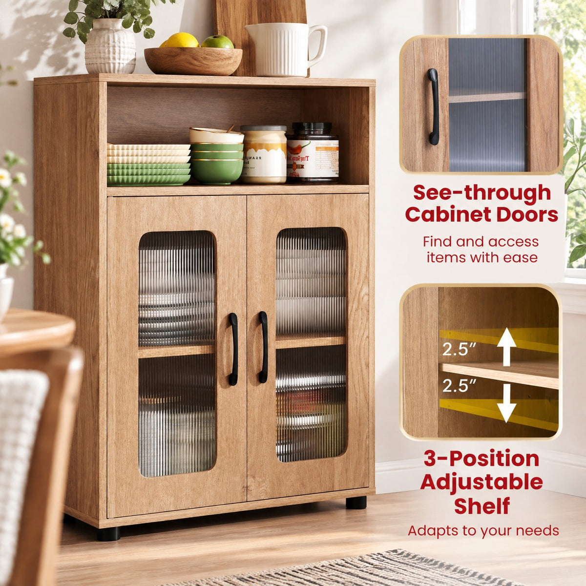Airfind Bathroom Cabinet Freestanding Cabinet featuring 2 Doors and 3-Level Adjustable Shelf, 155 lbs Capacity, Engineered Wood Frame, Natural