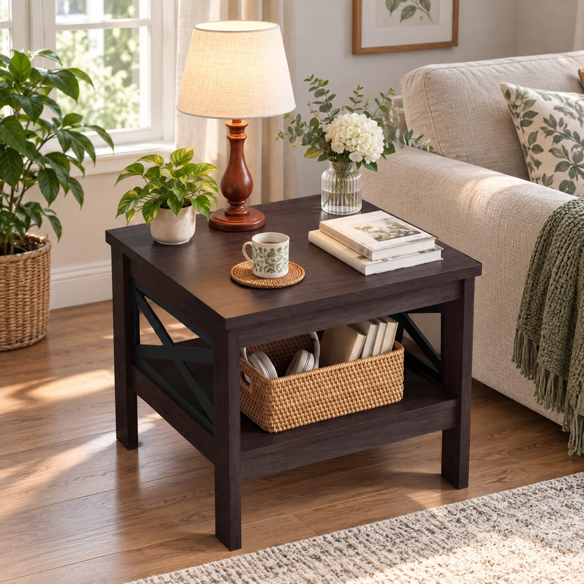 Airfind 2-Tier Square Side Table with Storage Shelf and X-Frame for Bedroom Living Room, 220 lbs Capacity, Engineered Wood MDF Frame, Brown