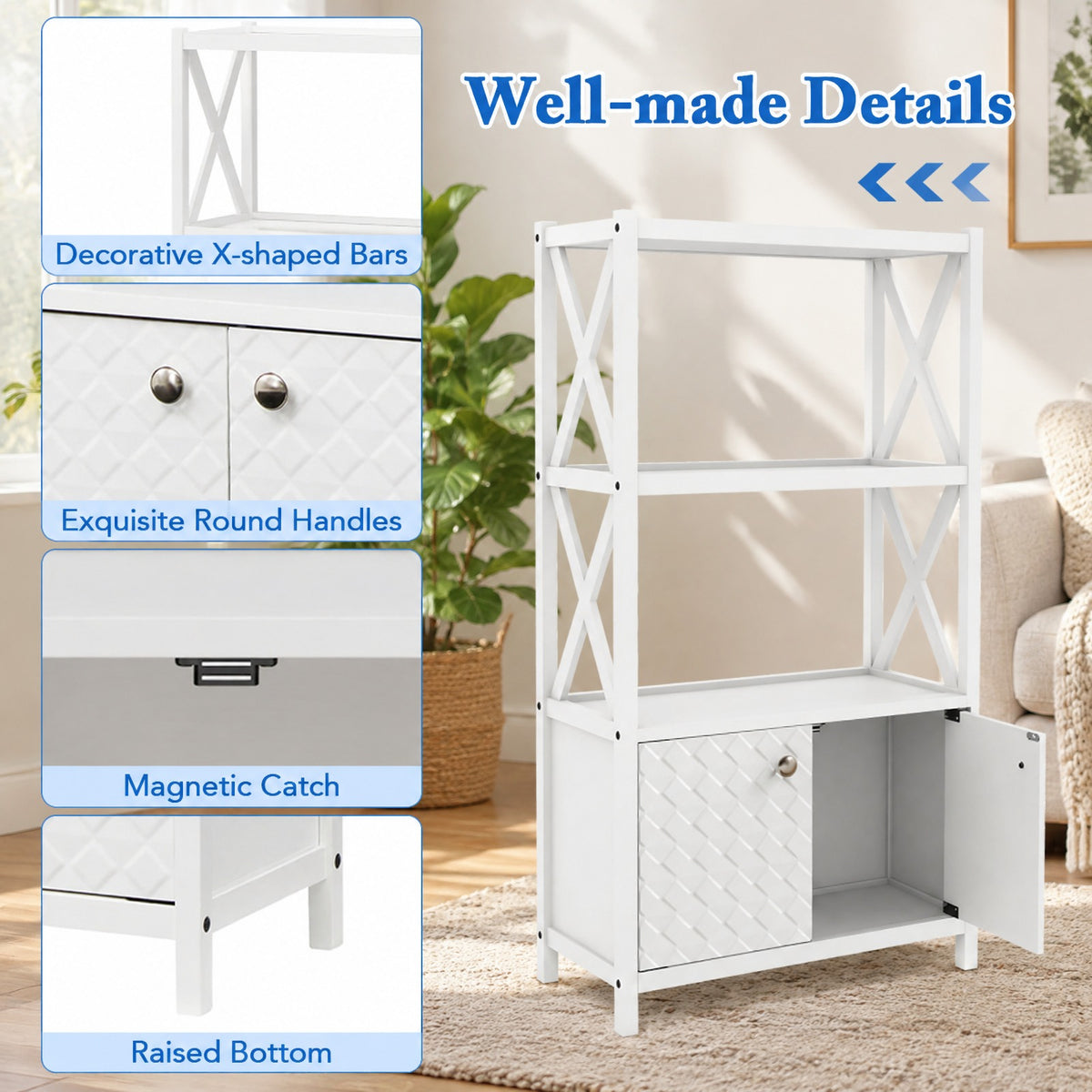 Airfind Bathroom Storage Cabinet, with Open Shelves and Double Doors, 88 lbs Capacity, Rubber Wood MDF Frame, 25 Inch x 12 Inch x 47 Inch Footprint, White