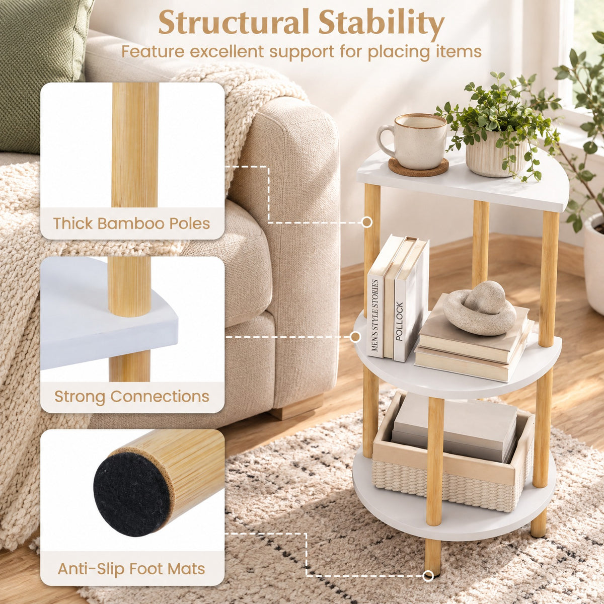 Airfind Set of 2 Round Side Table Compact with 3-Tier Shelves and Bamboo Construction, 11 lbs Capacity, Bamboo Frame, White