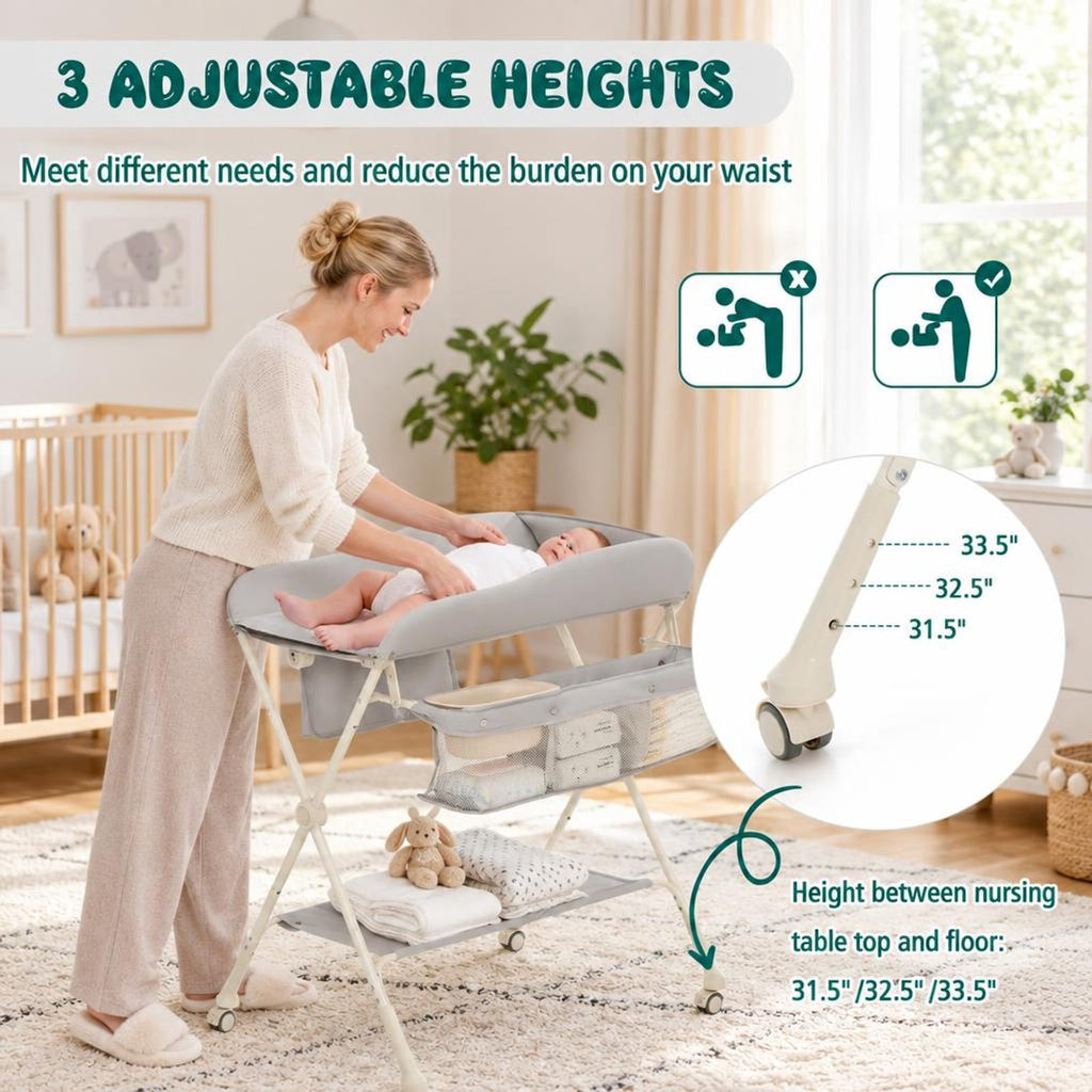 Airfind Baby Diaper Changing Table with Water Basin Wheel, 33 lbs Capacity, PP Frame, for 0-12 Months, 32.5x 27.5x 38-40 Footprint, Gray
