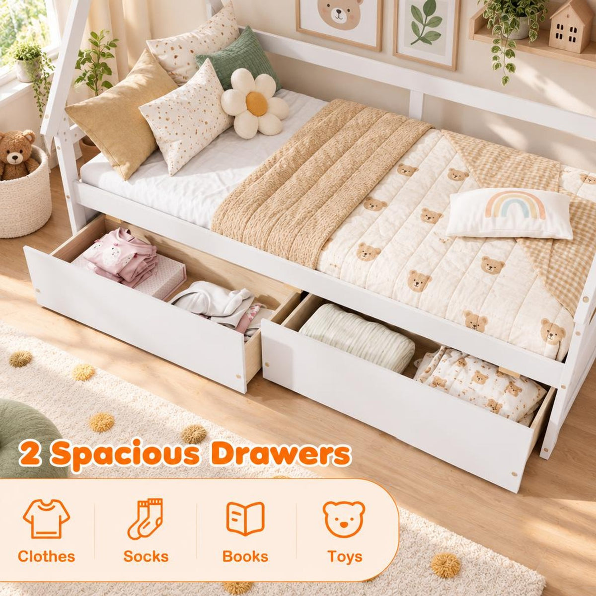 Airfind Twin Size House Bed with Roof and Safety Guardrail, Solid Wood MDF Plywood, Net Weight 83 Lbs for Convenient Everyday Use, White