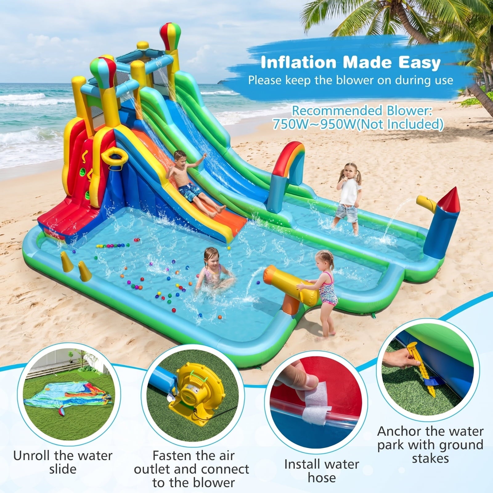 Airfind Giant Inflatable Water Slide Park with Double Long Slides, Climbing Wall, Basketball Hoop, 50 Ocean Balls, 225x145x105in for Kids 3-12