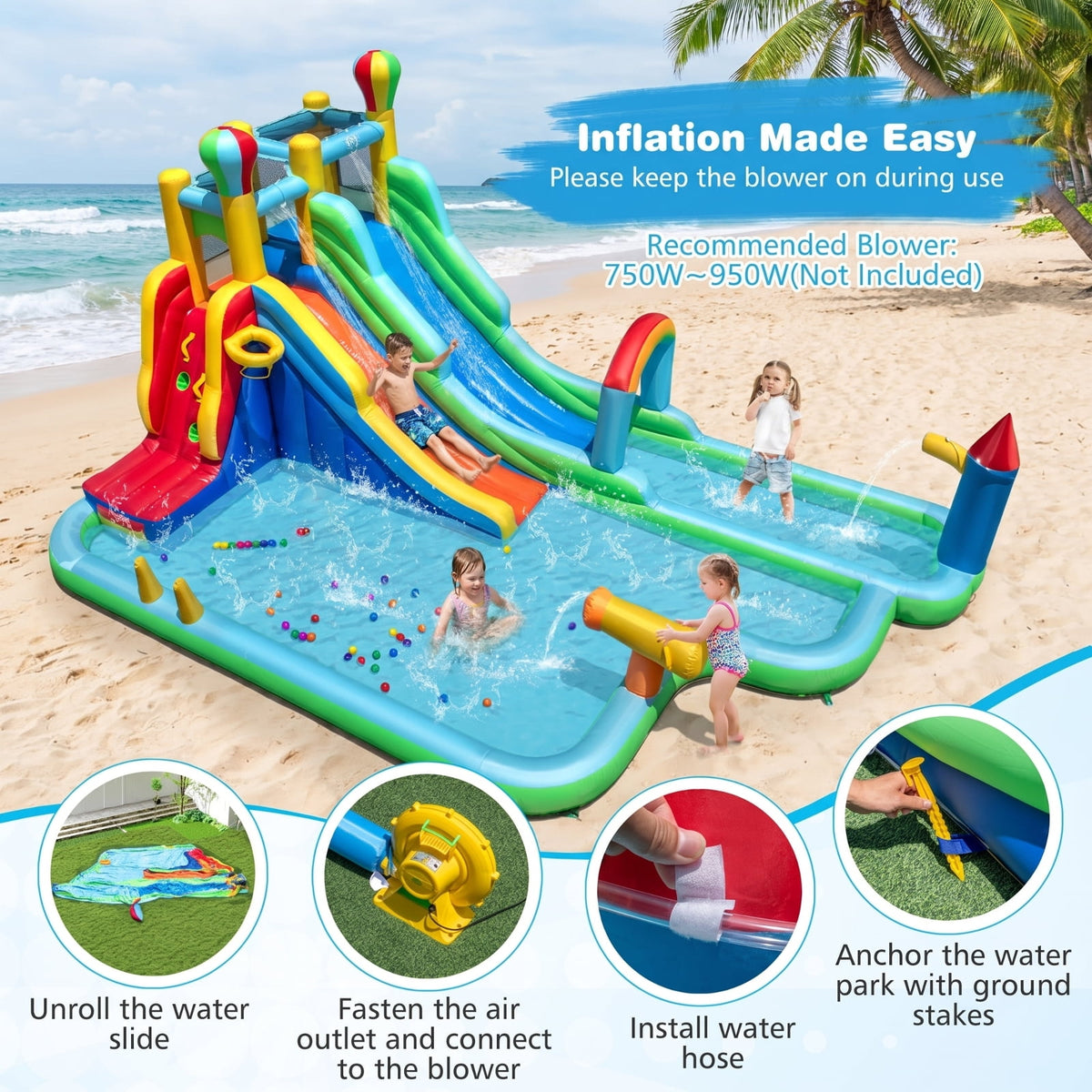 Airfind Giant Inflatable Water Slide Park with Double Long Slides, Climbing Wall, Basketball Hoop, 50 Ocean Balls, 225x145x105in for Kids 3-12