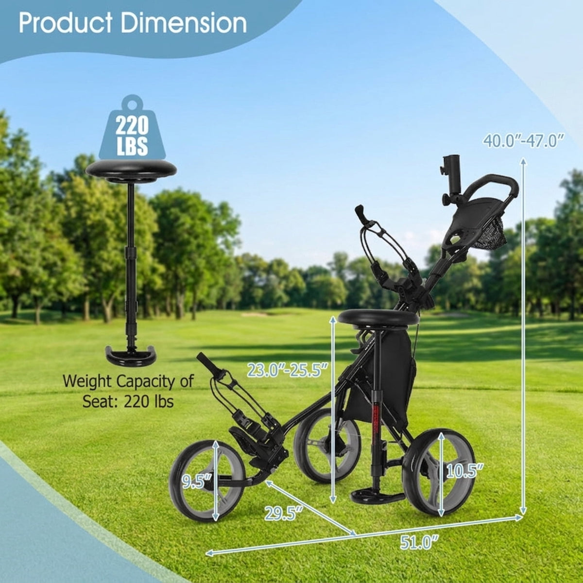 Airfind 3-Wheel Folding Push Cart with Adjustable Handle, Cushioned Seat and Quick Brake, Gray