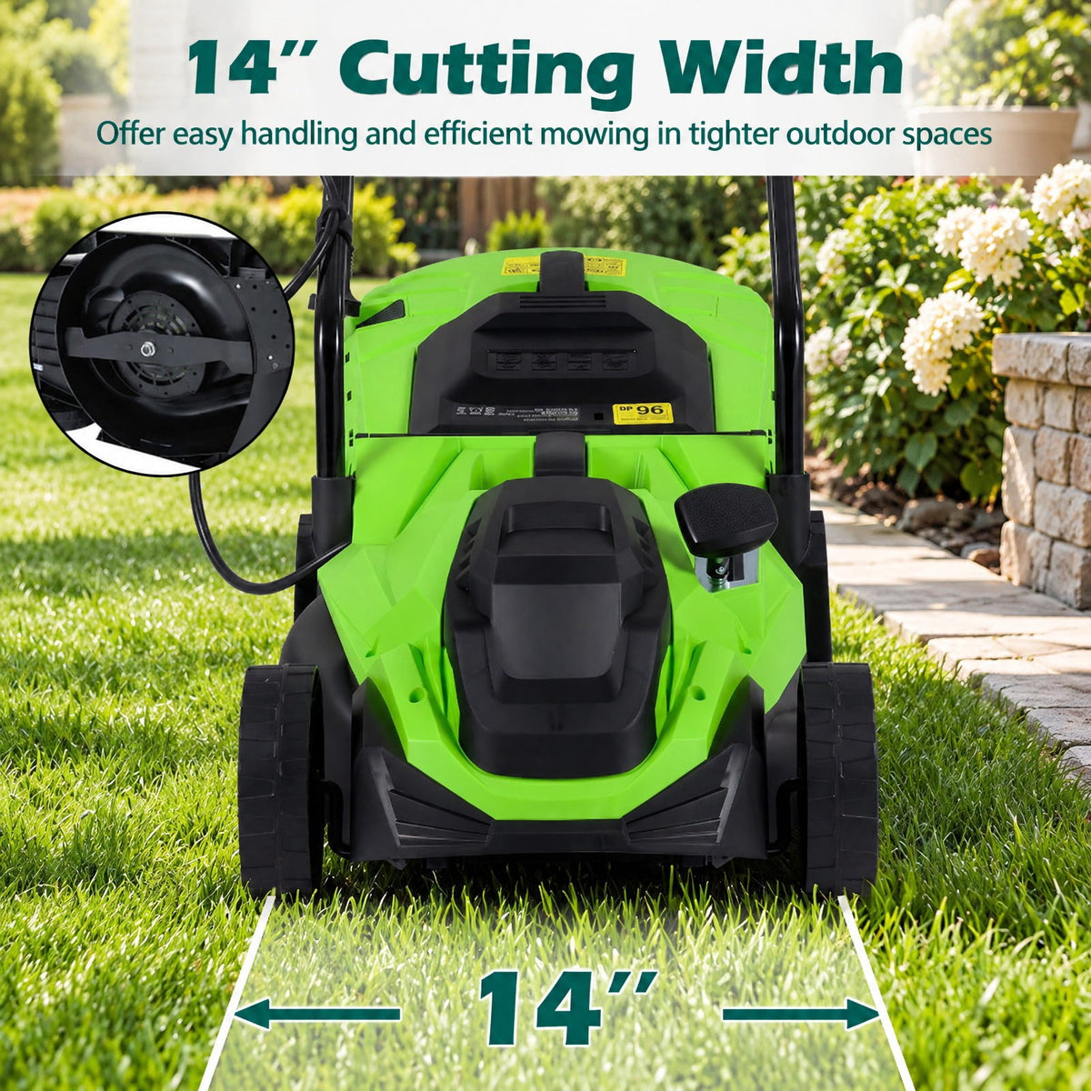 Airfind 14-Inch 12-Amp Corded Electric Lawn Mower w/ 5-Position Height Adjustment, Metal Frame, 44-45.5 x 14 x 38.5-39.5 Footprint, Green