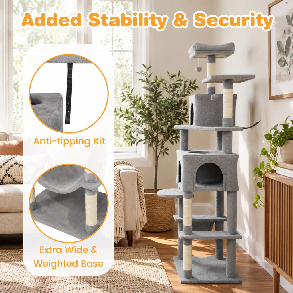 Airfind Multi-level Cat Tree Modern Cat Tower with Upholstered Perch and 2 Cat Condo, 24 x 18.5 Footprint, Gray