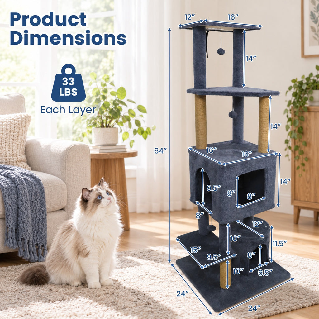 Airfind 64 Inch Tall Cat Tree with 2 Large Condos and Jute Scratching Posts for Indoor Adult Cats, 33 lbs Capacity, Dark Grey