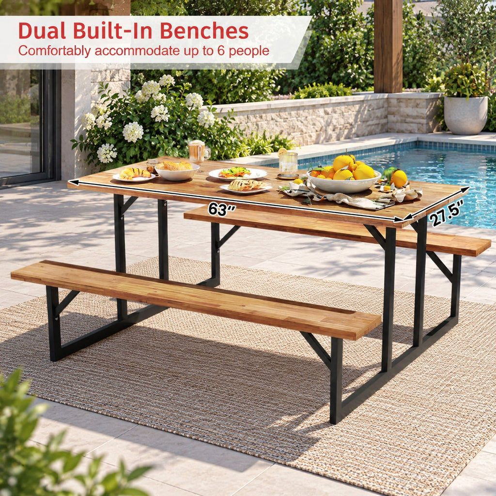 Airfind 6-Person Acacia Wood Picnic Table with 2 Built, of Tabletop 330 lbs Capacity, Acacia Wood Metal Frame, 63 x 61.5 x 29 Footprint, Wood