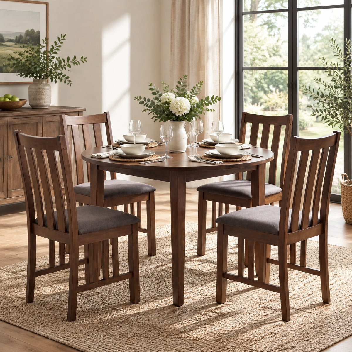 Airfind Dining Chairs, Rubber Wood, Side Chairs Set of 4 with Slat Back, 330 lbs Capacity, Rubber Wood Linen Fabric Sponge Frame, Brown