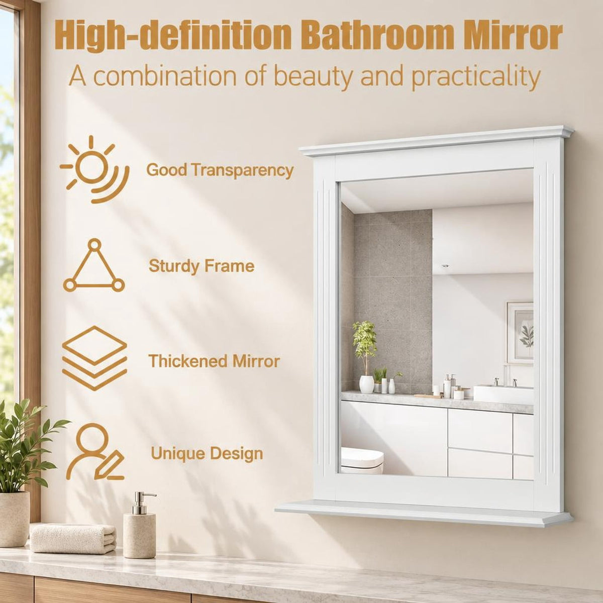 Airfind Wall-Mounted Multipurpose Vanity Mirror with Shelf, MDF Frame, 22.5 x 5 x 27 Footprint, White