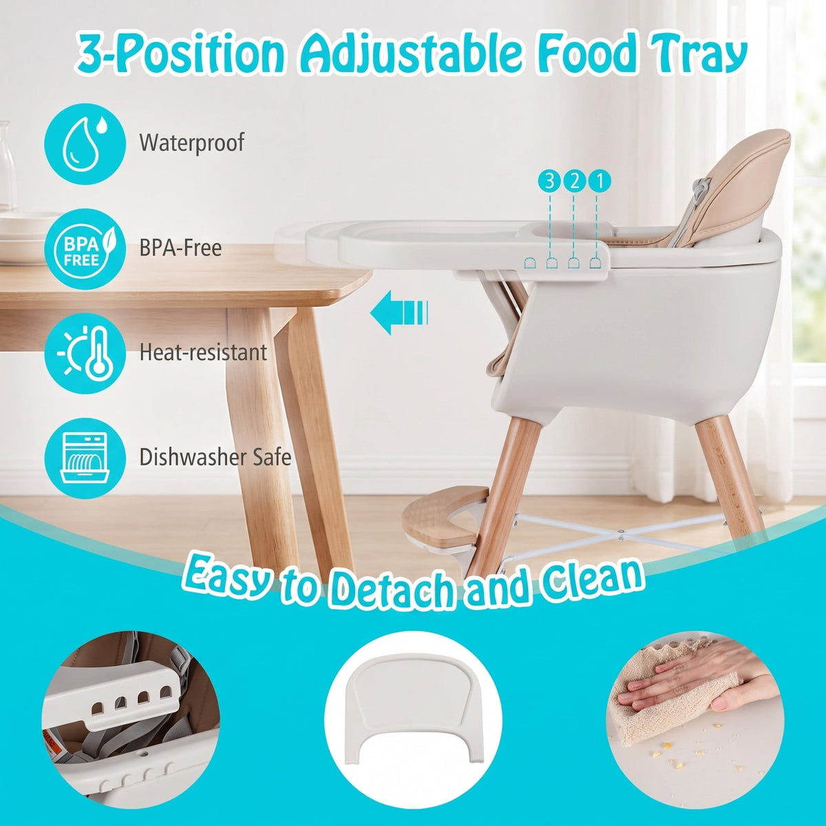 Airfind 6-in-1 Convertible Wooden Highchair with Safety Harness and Adjustable Legs, 33 Lbs with Beech PP PE PU Sponge Construction, Unspecified