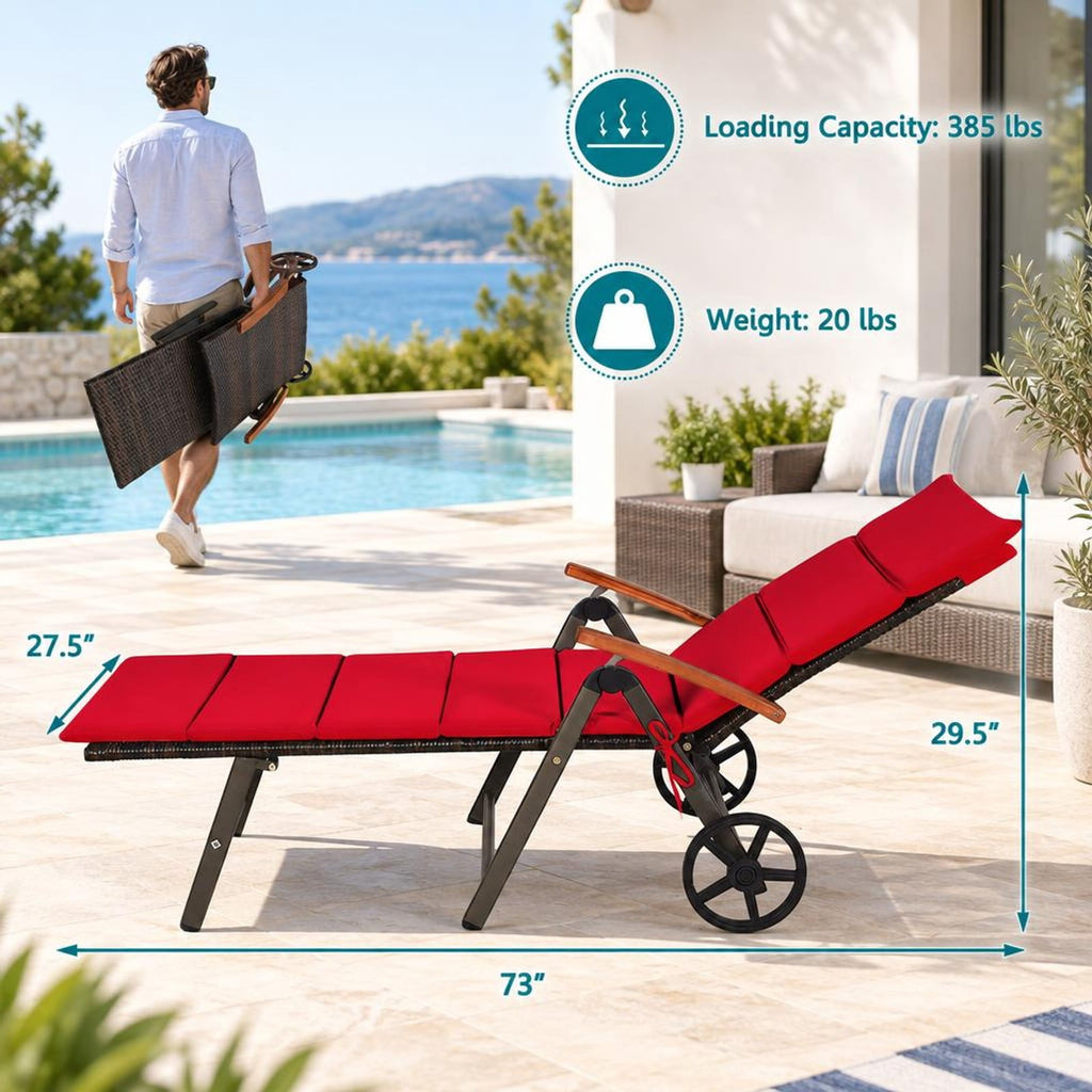 Airfind Outdoor Chaise Lounge Chair Rattan Lounger Recliner Chair, 385 lbs Height from ground to seat: 15.7 Capacity, PE rattan aluminum Frame, Red