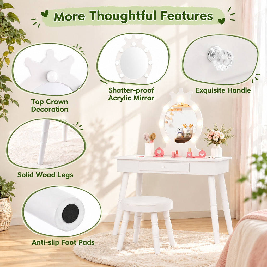 Airfind Kids Vanity Set with Lighted Mirror with Adjustable Brightness and Large Drawer, 110 lbs Capacity, MDF Frame, for 3-7 Years Old, White