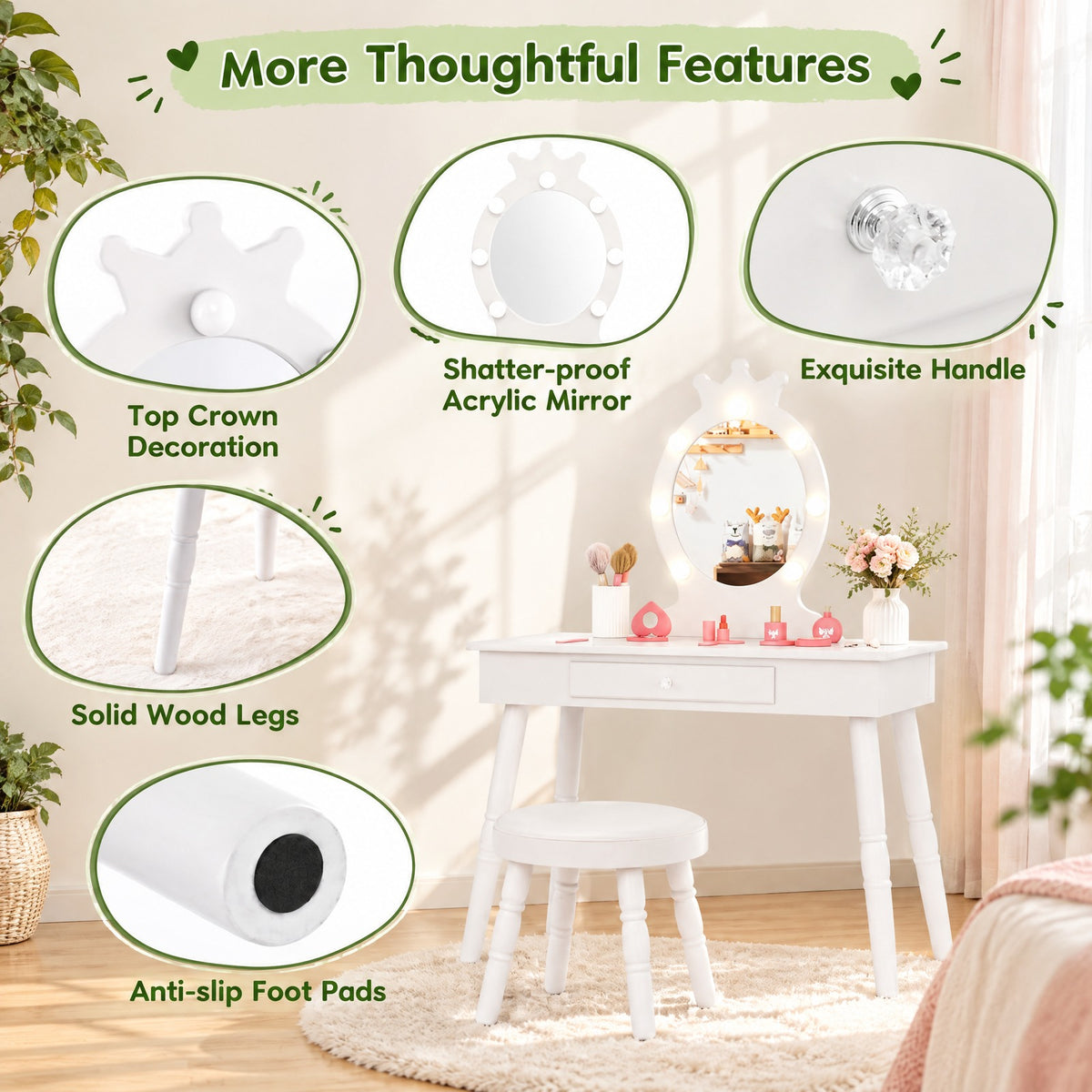 Airfind Kids Vanity Set with Lighted Mirror with Adjustable Brightness and Large Drawer, 110 lbs Capacity, MDF Frame, for 3-7 Years Old, White