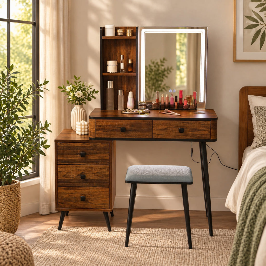 Airfind Vanity Makeup Table Set with Lighted Mirror, 330 lbs Capacity, MDF glass steel Frame, 31.5in x 15.5in x 51in Footprint, Brown