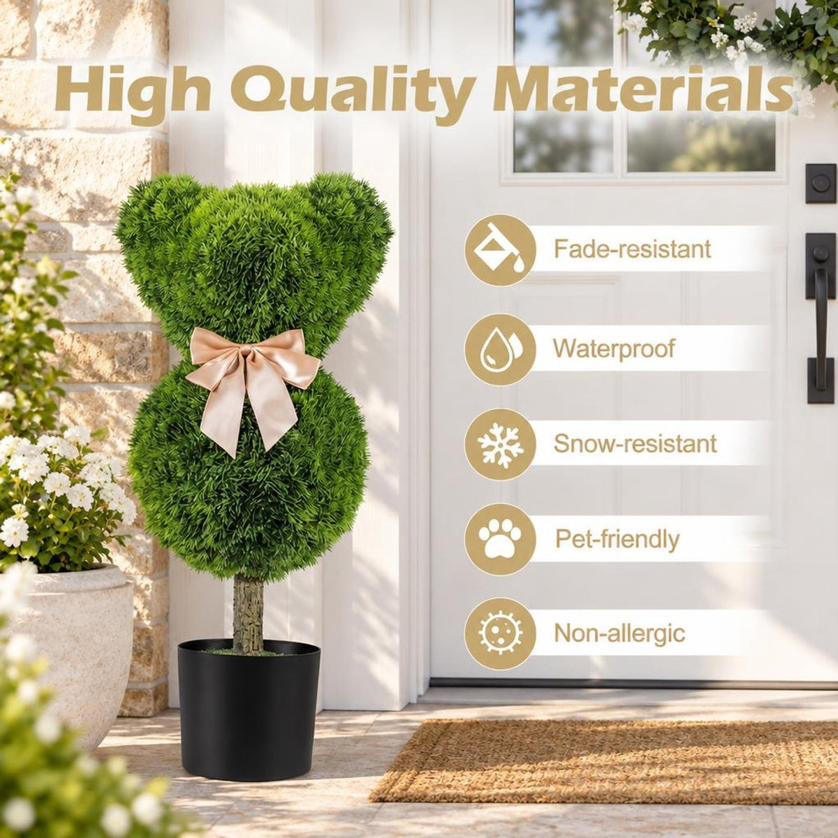 Airfind 2 Pieces Bear Topiary Trees with Pots Sun-resistant Bear, PE PP Cement Frame, 10 Inch x 9 Inch x 24.5 Inch Pot Footprint, Green + Golden