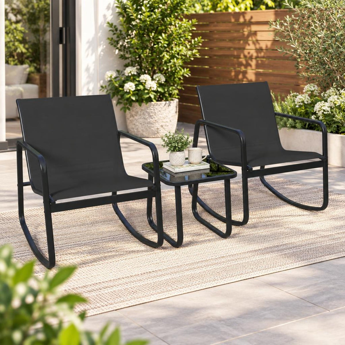 Airfind 2 Rocking Bistro Chairs and Glass-Top Table for Porch Yard Balcony, 330 lbs Capacity, Metal Fabric Tempered Glass Frame, Black