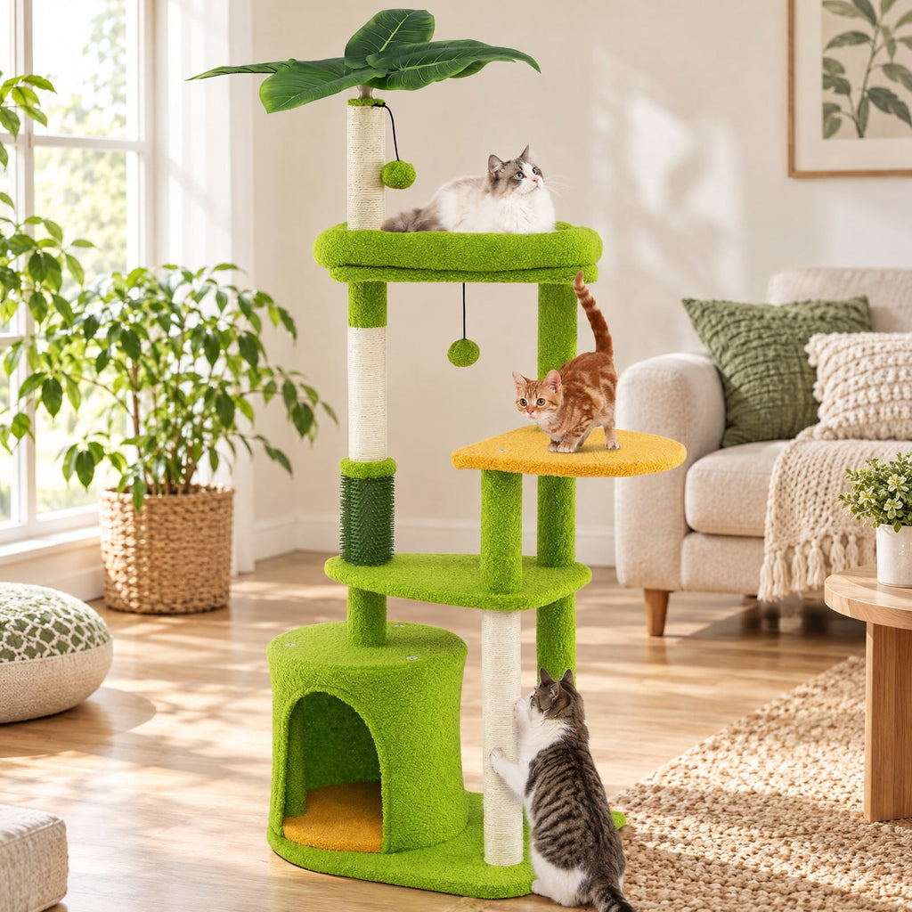 Airfind Cute Cat Tree for Adult Cats Multi-level Kitty Tower, Engineered Wood EVA Sisal Teddy Fleece Product Height 48 Base Frame, Green