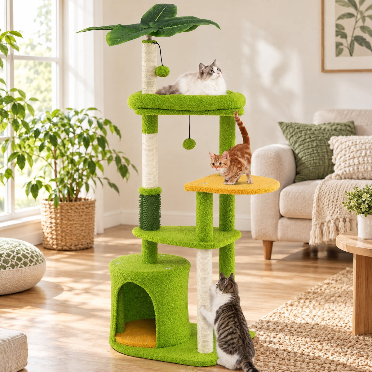 Airfind Cute Cat Tree for Adult Cats Multi-level Kitty Tower, Engineered Wood EVA Sisal Teddy Fleece Product Height 48 Base Frame, Green