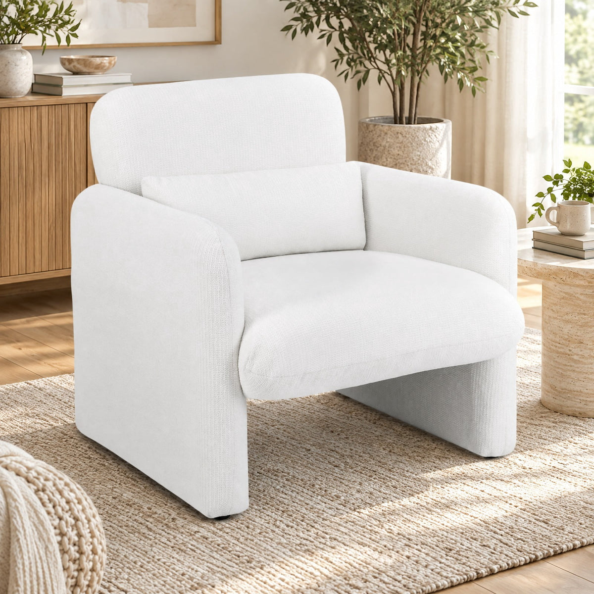 Airfind Modern Upholstered Chenille Accent Chair with Removable Lumbar Pillow, 330 lbs Capacity, Chenille Fabric Sponge PP Cotton Wood Frame, White