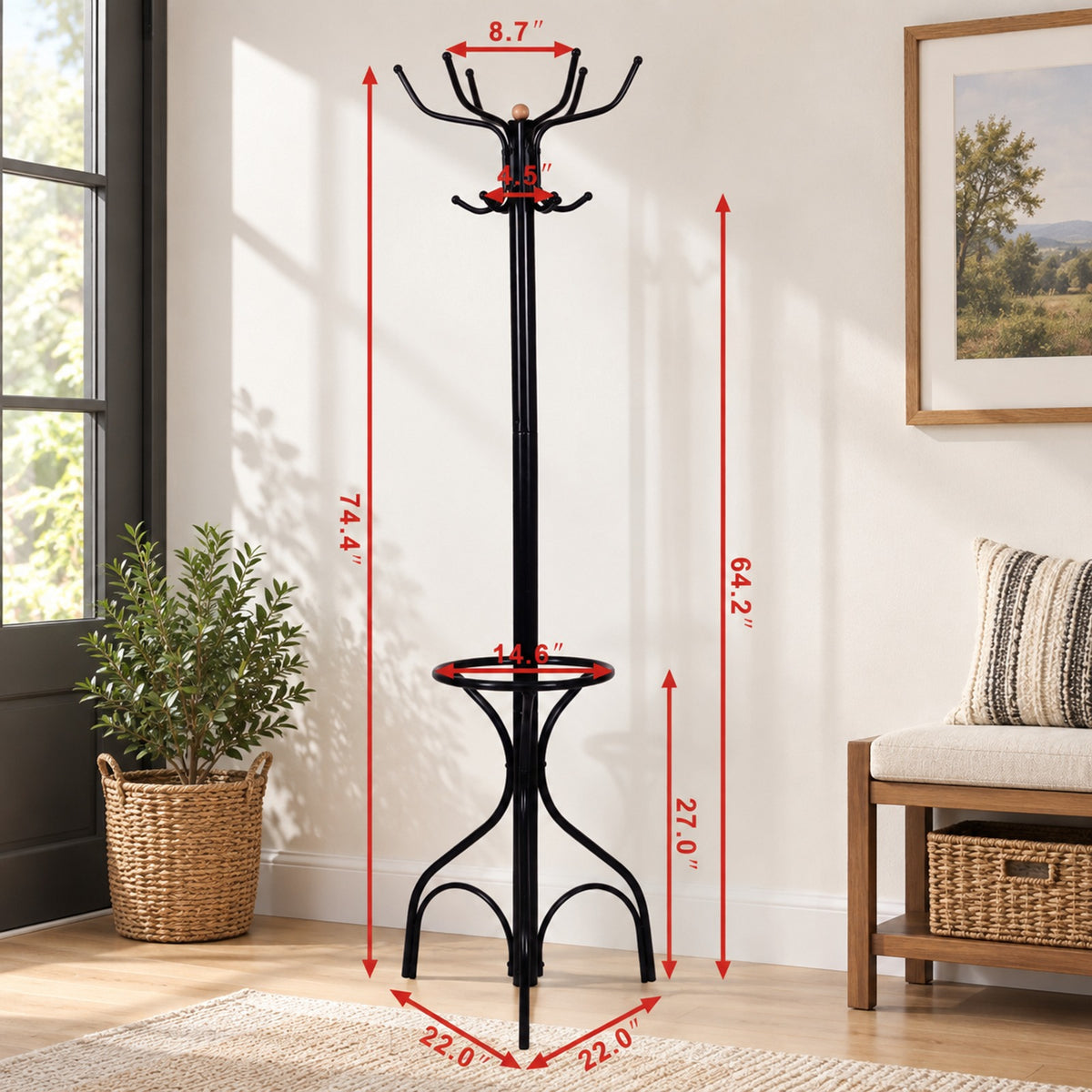 Airfind Vintage Metal Coat Hat Tree Stand Clothes Hanger, Steel Assembled Height: Approx 74.4 Inch for Convenient Everyday Use, Black