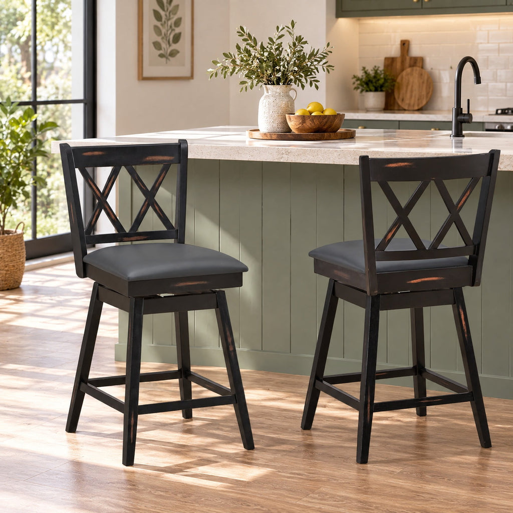 Airfind 2 Pieces 24 Inch Swivel Counter Height Barstool Set with Rubber Wood Legs, 264 lbs Capacity, PVC High density sponge rubber wood Frame