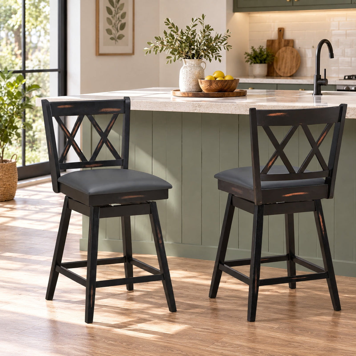 Airfind 2 Pieces 24 Inch Swivel Counter Height Barstool Set with Rubber Wood Legs, 264 lbs Capacity, PVC High density sponge rubber wood Frame
