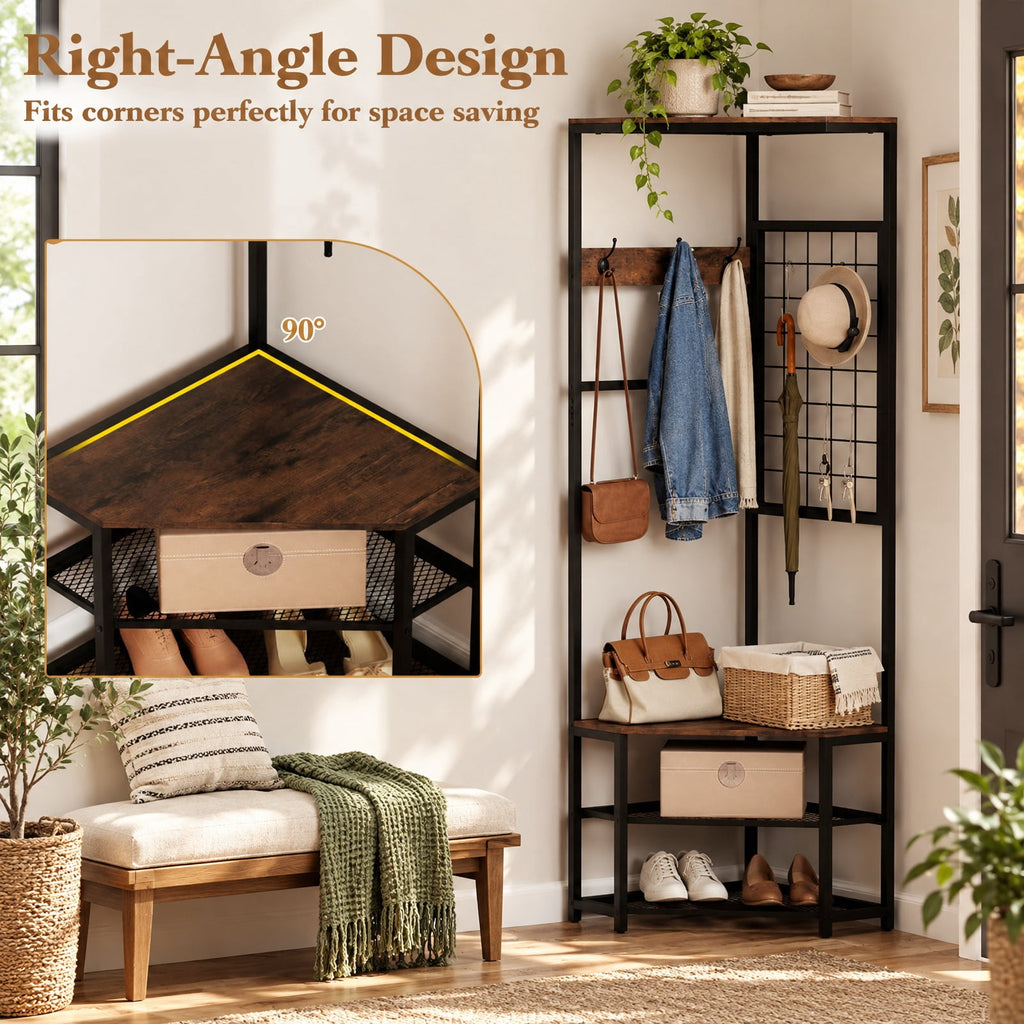 Airfind Corner Hall Tree Freestanding Coat Rack with Storage Shelves Removable Hooks, 220 lbs Capacity, Engineered Wood Metal Frame, Brown