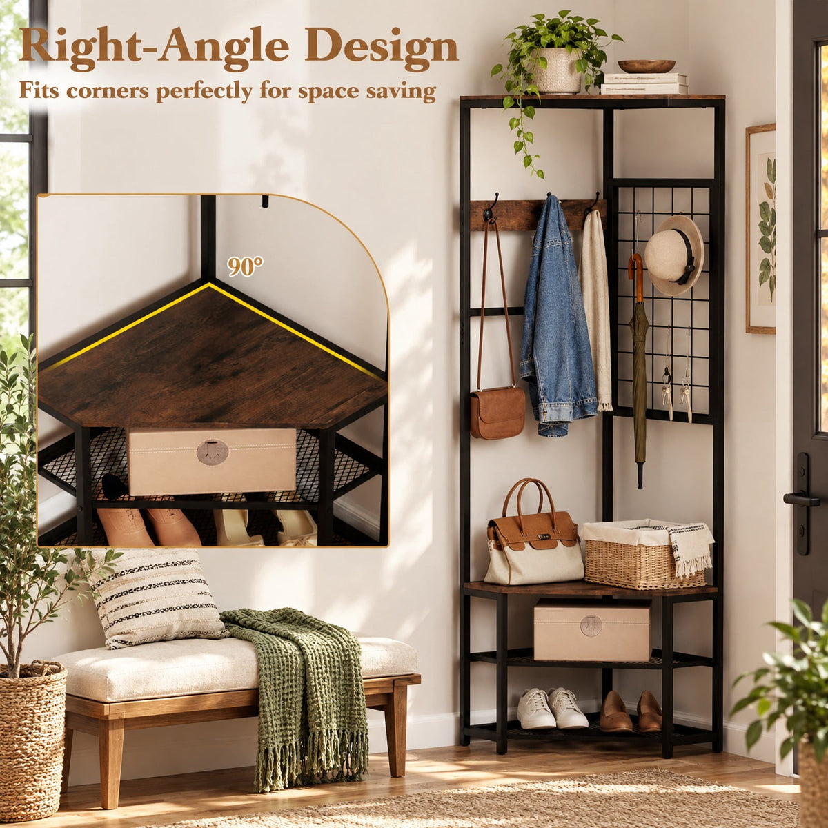 Airfind Corner Hall Tree Freestanding Coat Rack with Storage Shelves Removable Hooks, 220 lbs Capacity, Engineered Wood Metal Frame, Brown