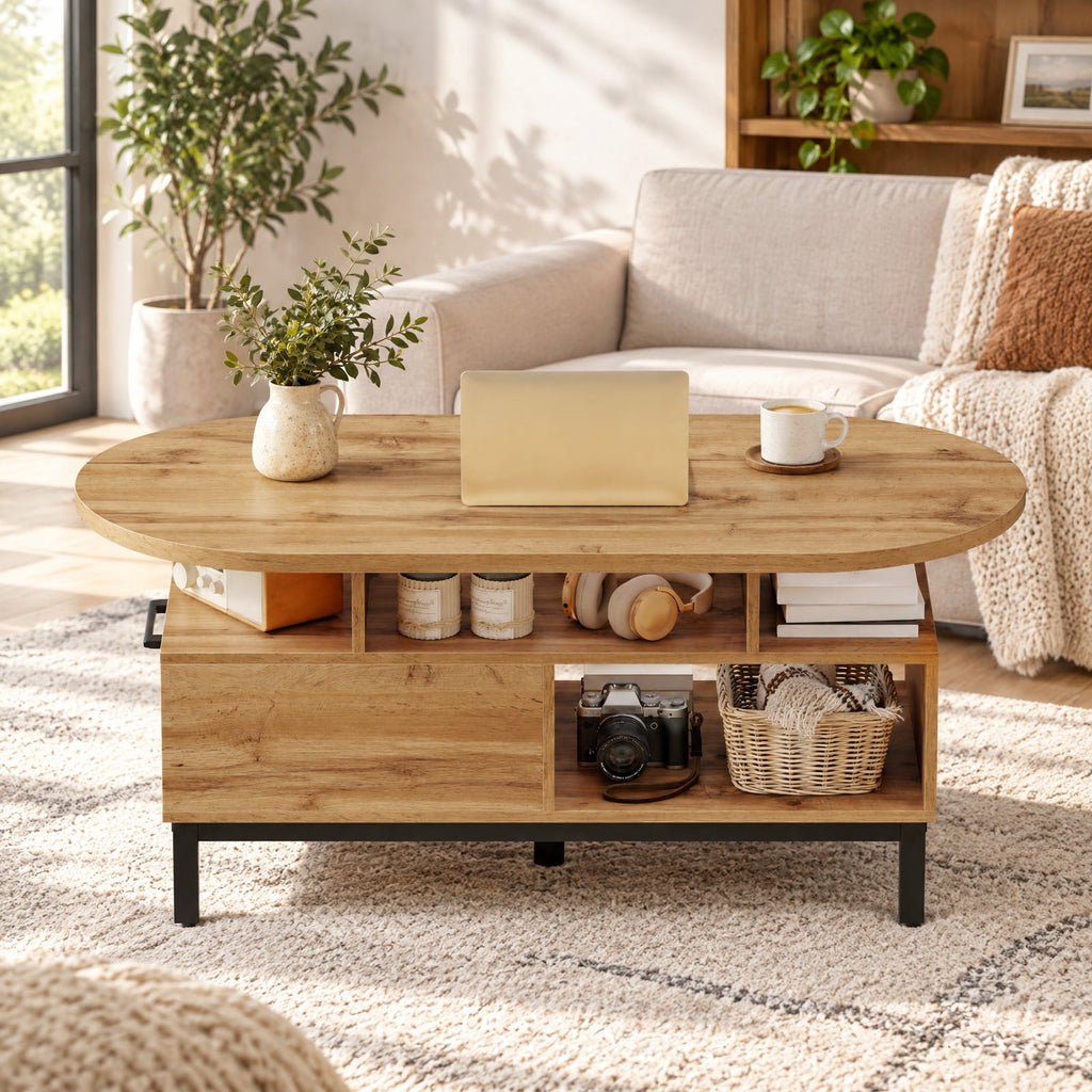 Airfind 47 Inch Oval Coffee Table with Storage and Open Compartments for Living Room, 110 lbs Capacity, Engineered Wood MDF Frame, Natural