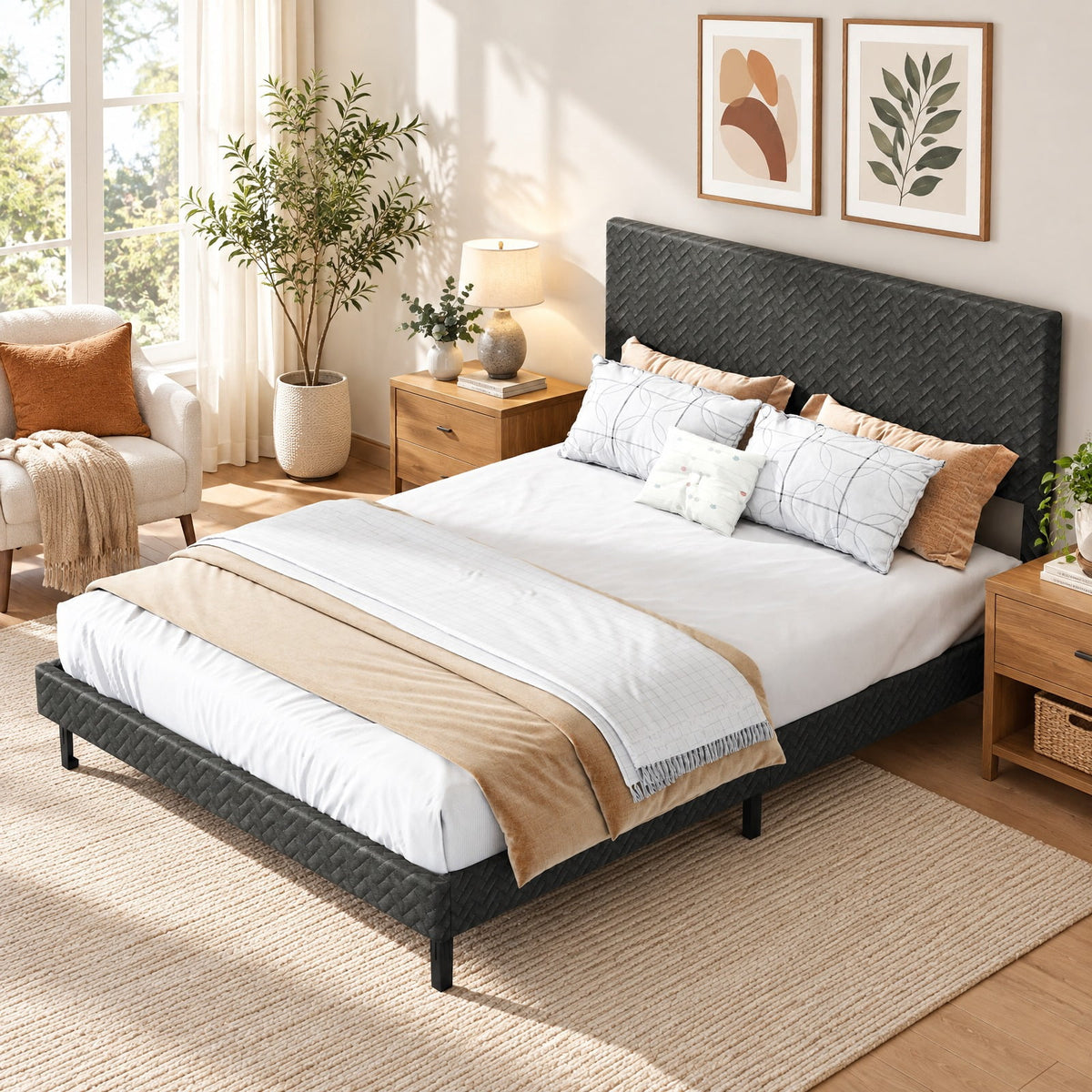 Airfind Twin/Full/Queen Size Velvet Bed Frame Upholstered Platform Bed with Chevron Headboard Gray, 500 lbs Capacity, Velvet Frame, Gray