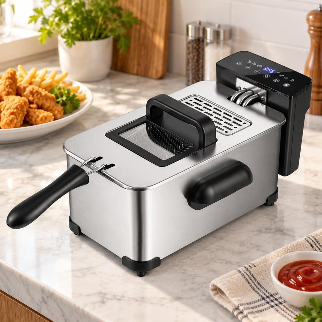 Airfind 3.2-Qt Electric Deep Fryer featuring 1700W LED Touch Screen and Enamel Oil Tank, Stainless Steel PP Enamel Frame, Silver