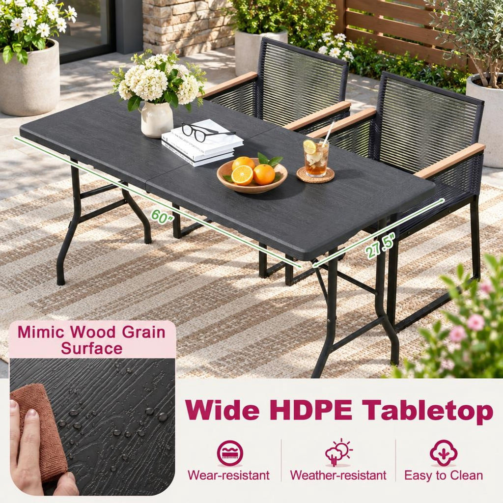 Airfind 5FT Folding Picnic Table with Wood Grain HDPE Tabletop and Non-slip Foot Pads, 400 lbs Capacity, HDPE Metal Frame, Black