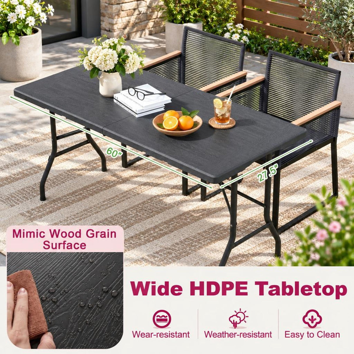 Airfind 5FT Folding Picnic Table with Wood Grain HDPE Tabletop and Non-slip Foot Pads, 400 lbs Capacity, HDPE Metal Frame, Black